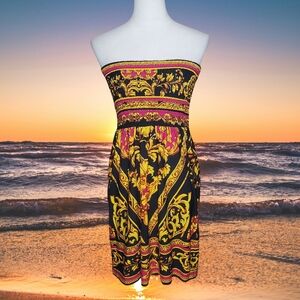 Cache Vintage 80's Vibrant Bold Print Strapless Dress